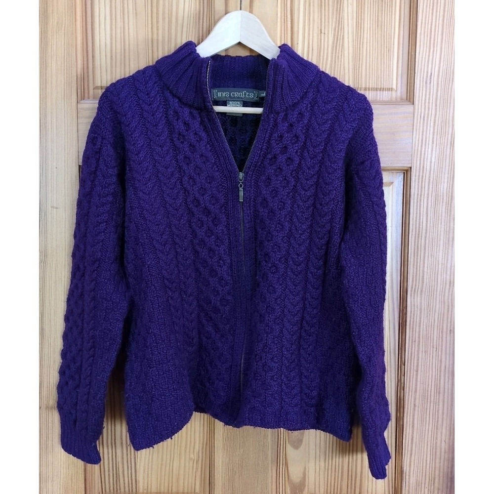 Vintage Ireland INIS CRAFTS Merino Wool Sweater Large Purple Fisherman Full Zip